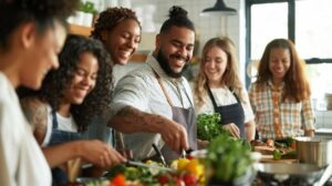 Atelier cuisine créative montrant un chef guidant un débutant
